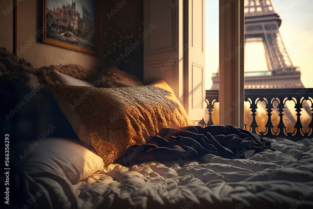 Crumpled bed in room with romantic view of Eiffel Tower in Paris. Based ...