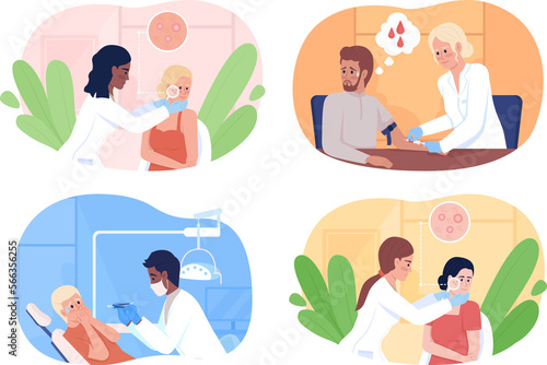 Patients at appointment with doctor 2D raster isolated illustrations set. Medical flat characters on cartoon background. Healthcare service colourful scene for mobile, website, presentation pack