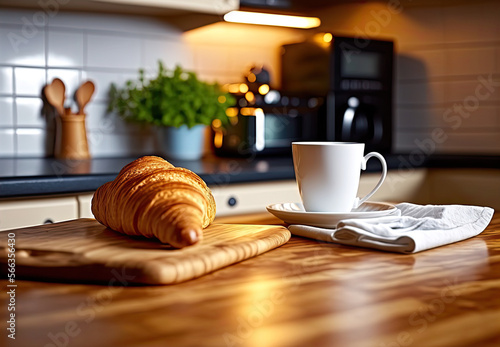 Croissant and a cup of coffee on a kitchen counter