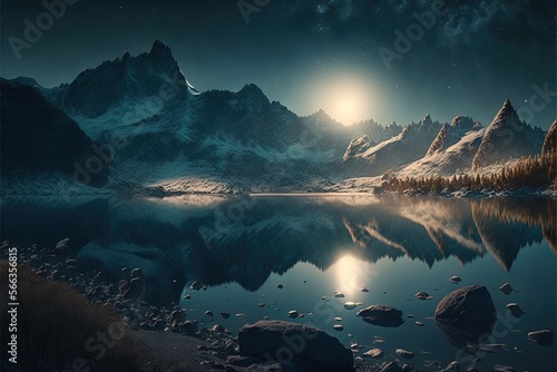  a night scene of a mountain lake with a full moon in the sky and a mountain range in the distance with rocks and grass in the foreground.  generative ai