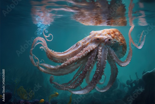  an octopus swimming in the ocean with a fish in its mouth and a fish in the water above it, and a fish in the water below it. generative ai