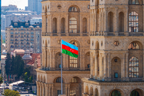 Azerbaijan flag with house of government in Baku
