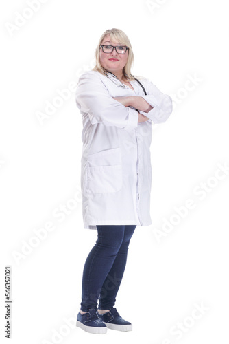 smiling female doctor with a stethoscope. isolated on a white background. © ASDF