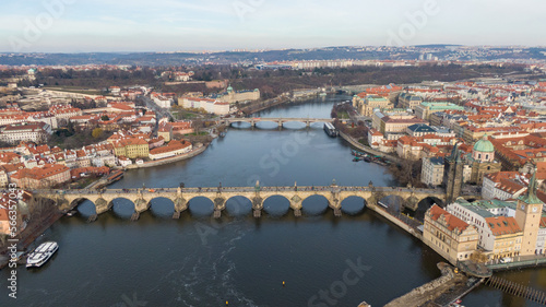 Aerial view of River and buildings in Old Town of Prague  Czech Republic. Drone photo high angle view of City