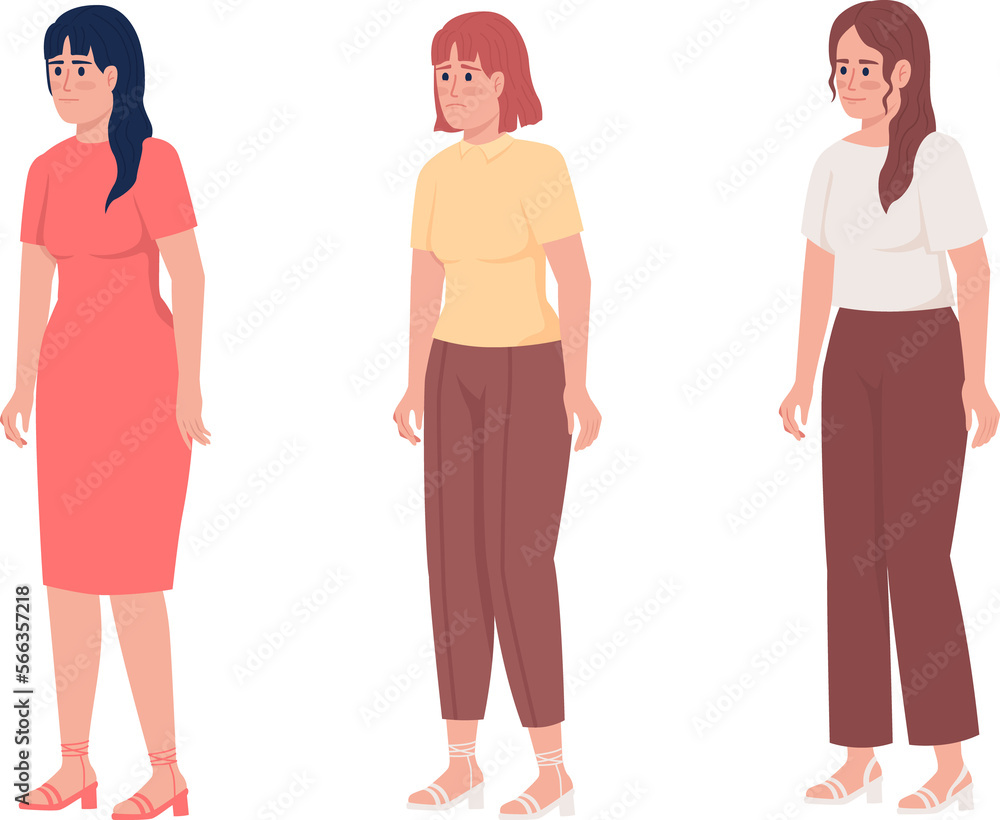 Women with different emotional states semi flat color raster characters set. Standing figures. Full body people on white. Simple cartoon style illustration for web graphic design and animation pack Women with different emotional states semi flat color raster characters set. Standing figures. Full body people on white. Simple cartoon style illustration for web graphic design and animation pack