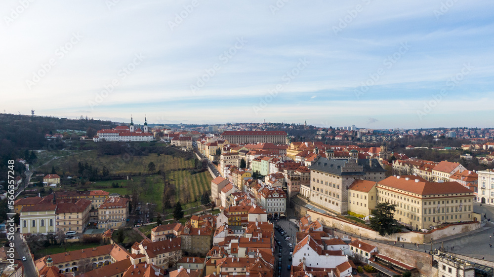 Aerial view of River and buildings in Old Town of Prague, Czech Republic. Drone photo high angle view of City