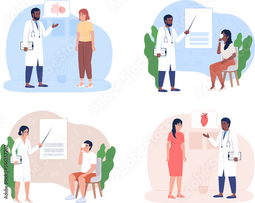 Checkup of patients organs 2D raster isolated illustrations set. Medicine flat characters on cartoon background. Clinic colourful scene for mobile, website, presentation pack © The img