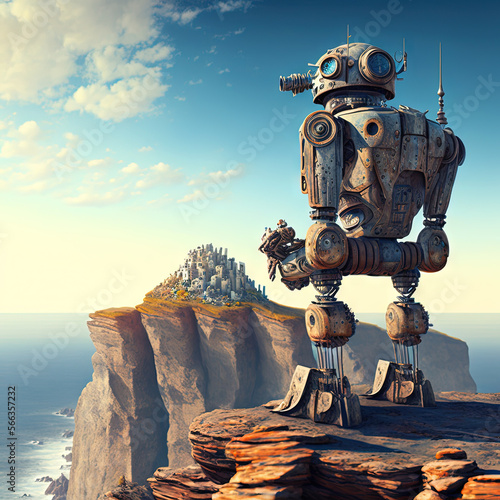 Lonely robot looking at the city far away on the horizon. Retro futuristic robot or androing on the cliff. Generative AI.
