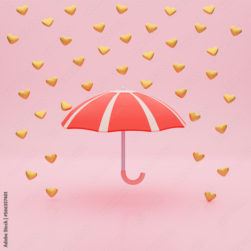 Umbrella and rain of golden hearts. Colorful concept scene on pink background. 3d render illustration. Art for Valentine's day. Umbrella and rain of golden hearts. Colorful concept scene on pink background. 3d render illustration. Art for Valentine's day.