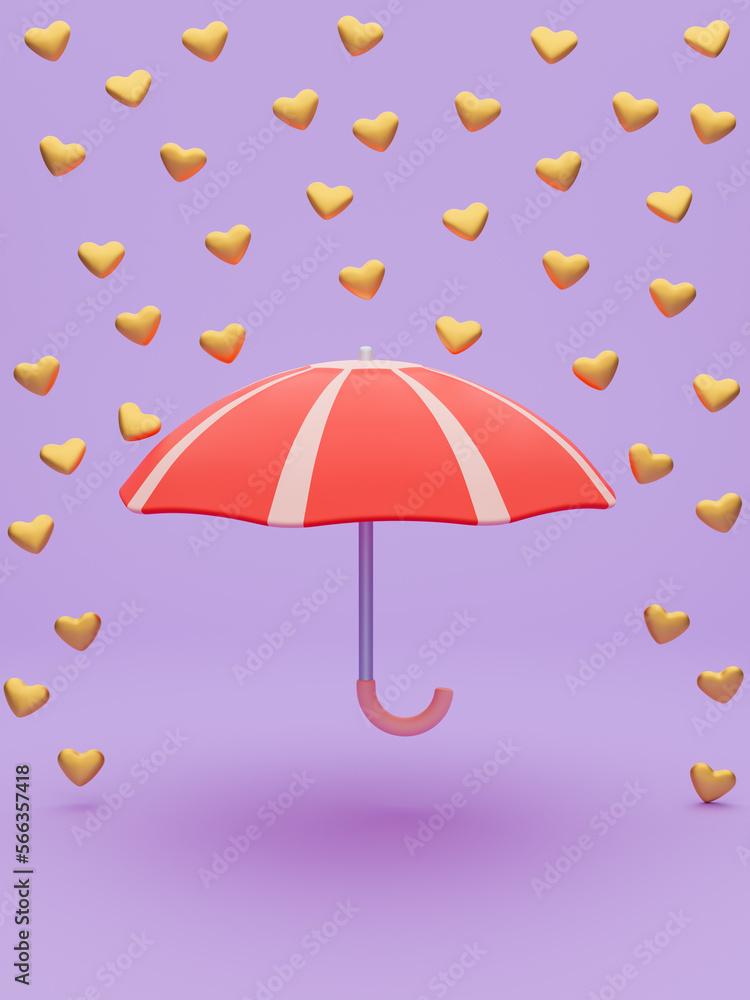 Umbrella and rain of golden hearts. Colorful concept scene on lilac background. 3d render illustration. Art for Valentine's day.