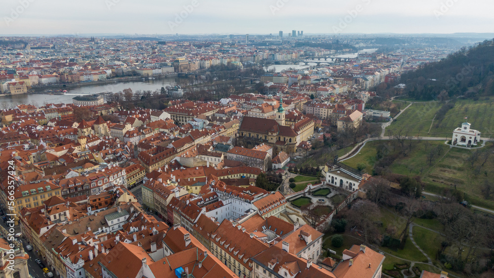 Aerial view of River and buildings in Old Town of Prague, Czech Republic. Drone photo high angle view of City