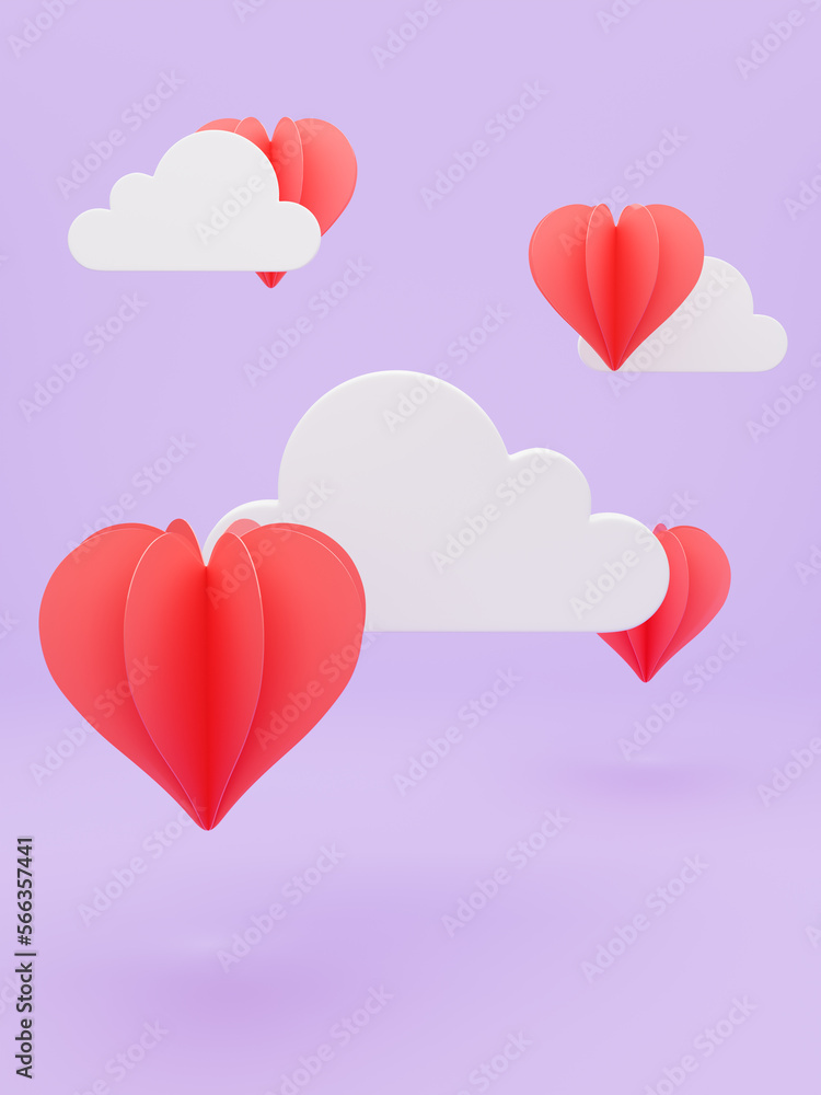 Heart shaped balloons in the clouds. Set of hearts. Lilac background. 3d render illustration. Love concept for happy Valentine's day, wedding, Women's or Mother's day. 3d render illustration.
