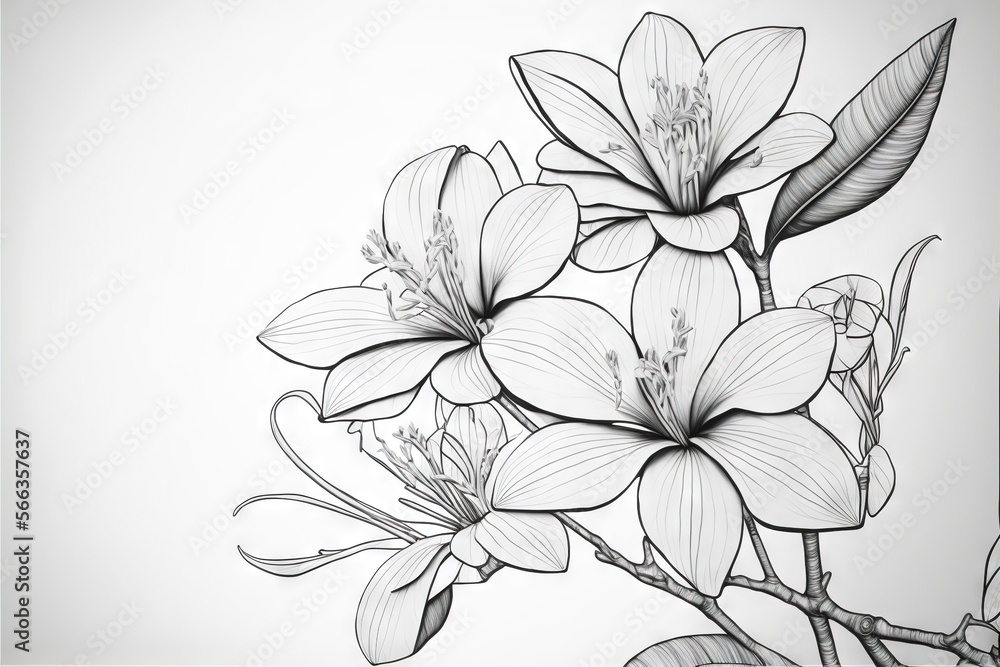 a black and white drawing of flowers on a white background with a black and white border around the flowers and leaves of the flower stem. generative ai a black and white drawing of flowers on a white background with a black and white border around the flowers and leaves of the flower stem. generative ai