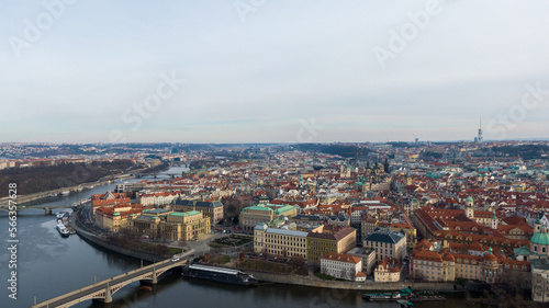 Aerial view of River and buildings in Old Town of Prague, Czech Republic. Drone photo high angle view of City © Maciej