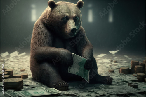 Bear sitting with money, symbolizing a bear market and financial downturn in the stock market - AI Generated