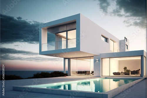  a modern house with a swimming pool in front of it at dusk with the sun setting behind the house and the ocean in the background. generative ai