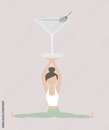 Fit woman doing yoga with a glass of cocktail. Love for yoga and cocktails concept