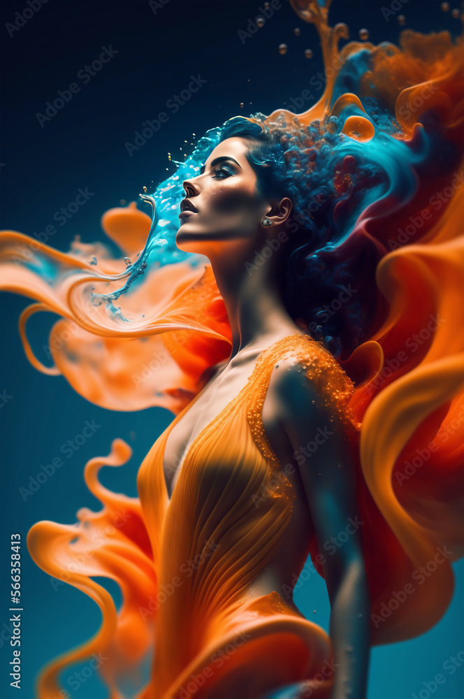 Generative AI multicolored painting of beautiful brunette woman in abstract orange dress Generative AI multicolored painting of beautiful brunette woman in abstract orange dress