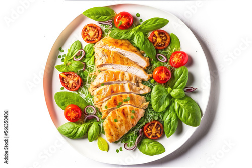 Chicken fillet with salad. keto diet, diet lunch concept. Top view on white background.