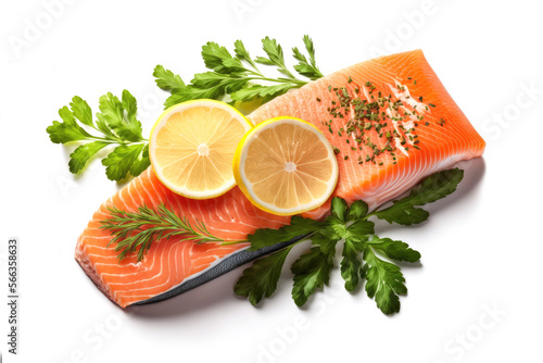 Salmon with herbs and lemon. Isolated on white background