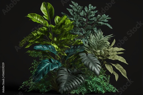  a bunch of plants that are on a black background with a black background and a green plant in the middle of the picture with a black background.  generative ai