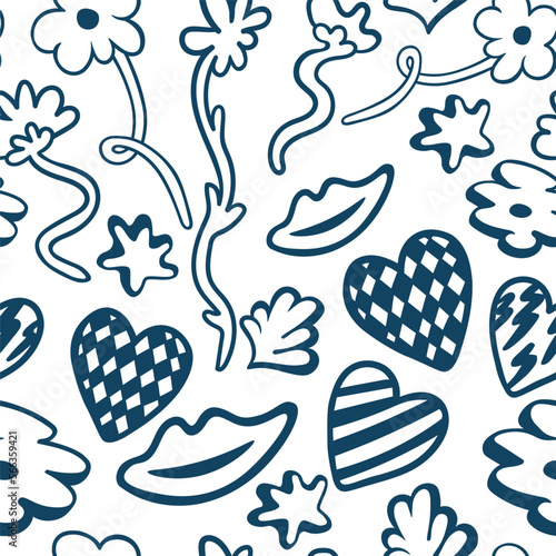 vector seamless pattern with simple doodles. love and relationships. stylish minimalist line pattern. romantic graphic background. Vector hearts, couples, flowers, plants, arrows.
