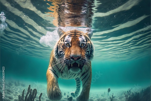  a tiger swimming in the water with its head under the water s surface  with its mouth open and it s eyes wide open.  generative ai