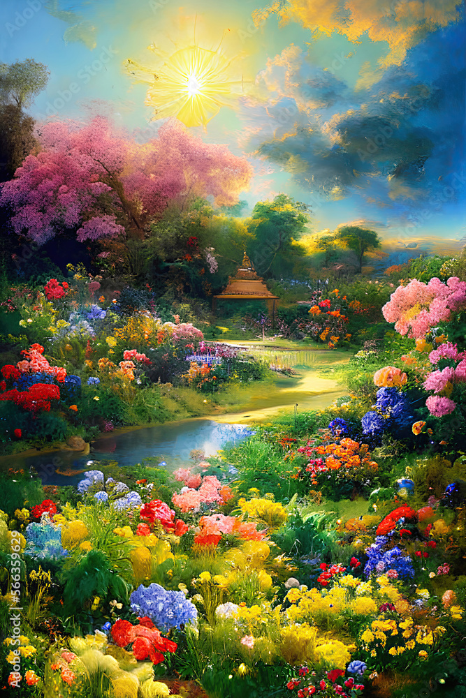 Paradise garden full of flowers, beautiful idyllic background with many