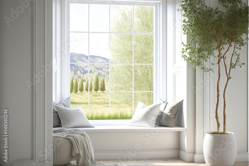  a window seat with pillows and a potted plant in front of a window with a view of a field and trees on the other side.  generative ai photo