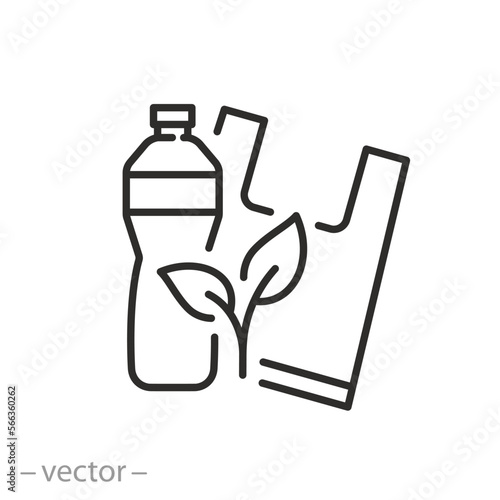 plastic free icon, bio bag with bottle, eco friendly material concept, thin line symbol, vector illustration eps 10