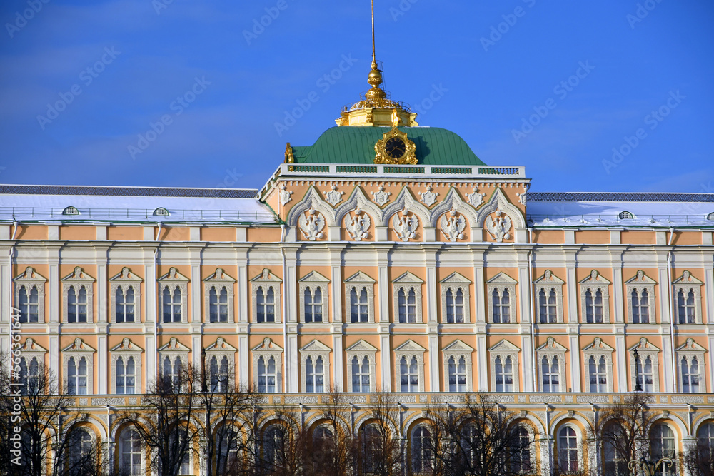 The Grand Palace of Moscow Kremlin. Blue sky background.