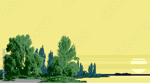 morning landscape: a wide lake or river, tall trees and barely noticeable cottages under them