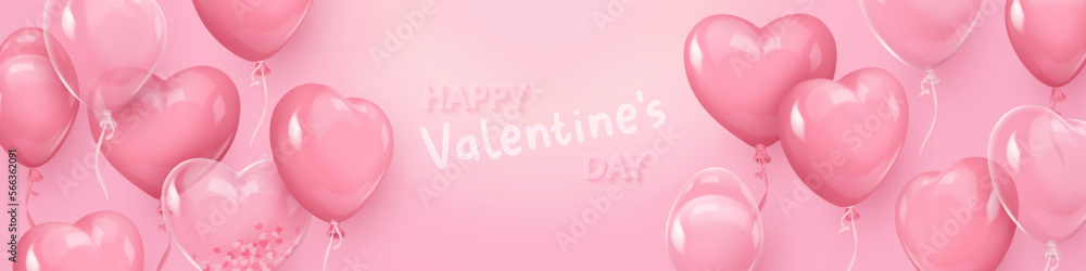 Happy Valentine's Day Banner with pink realistic glossy and clear hearts balloons. Vector illustration for card, party, design, flyer, poster, decor, banner, web, advertising. 