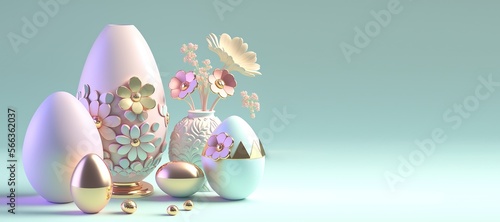3D Rendering Illustration of Easter Celebration Banner Greeting with Eggs And Flowers