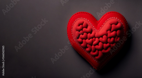 Red heart made out of yarn on black background