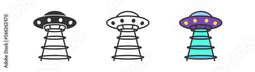 UFO icon on white background. Aduction, invader symbol. Mystery beam, flying alienship. Outline, flat, and colored style. Flat design. Vector illustration.