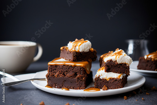 Stack of brownie squares with scoop of ice cream and caramel  white background.