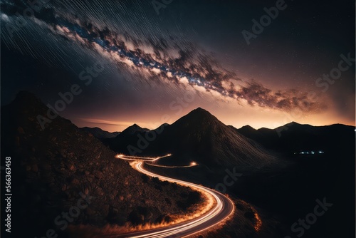 Long exposure car lights with milky way