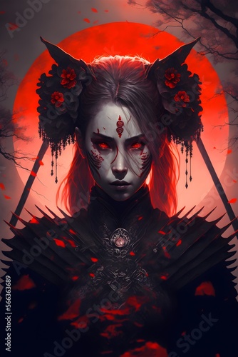  Samurai girl in the red and red sun behind in vampire nature