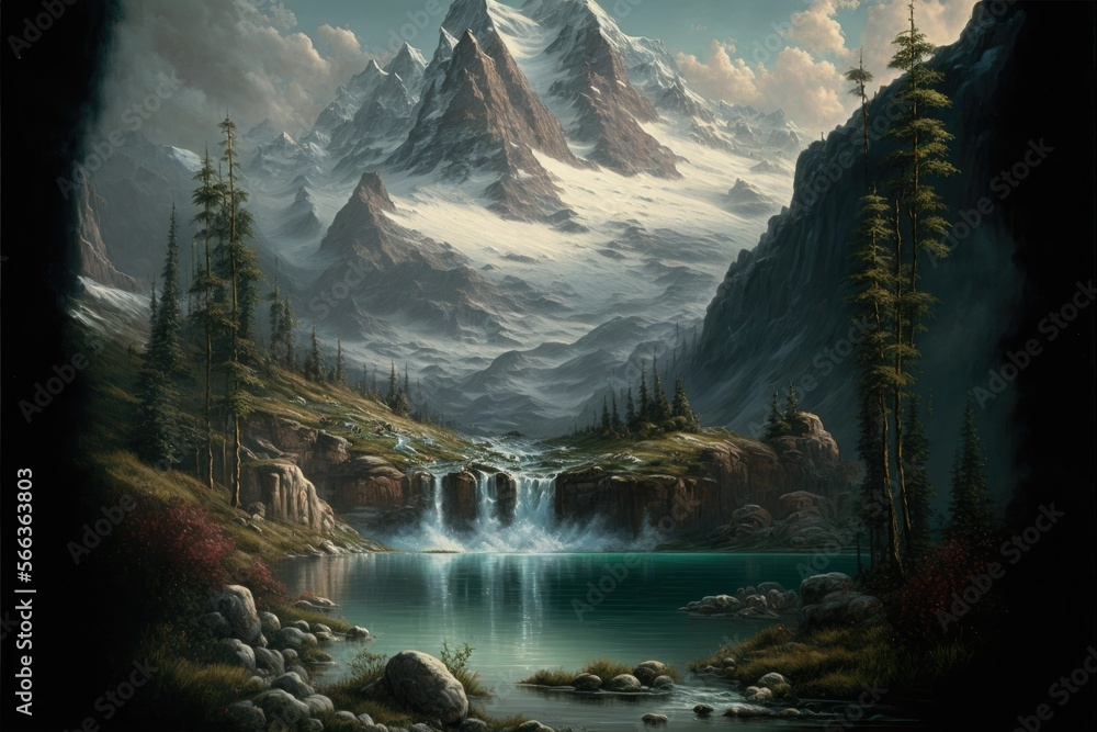 A dramatic mountain scene with rushing waterfalls and a still, tranquil lake generative ai