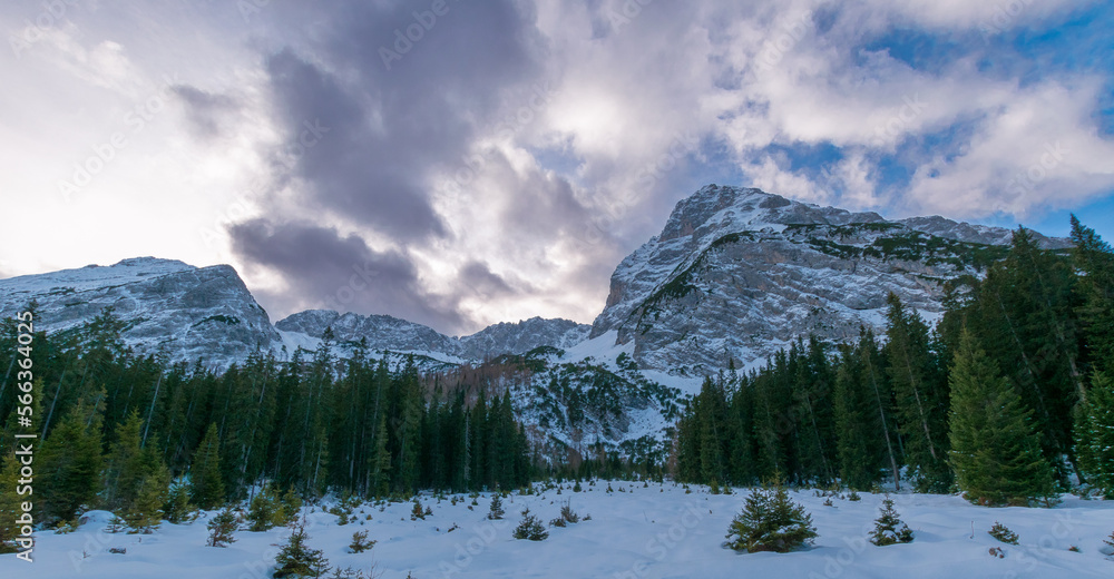 Snow-covered mountain range with a majestic massif during winter in Ehrwald, Tyrol, Austria