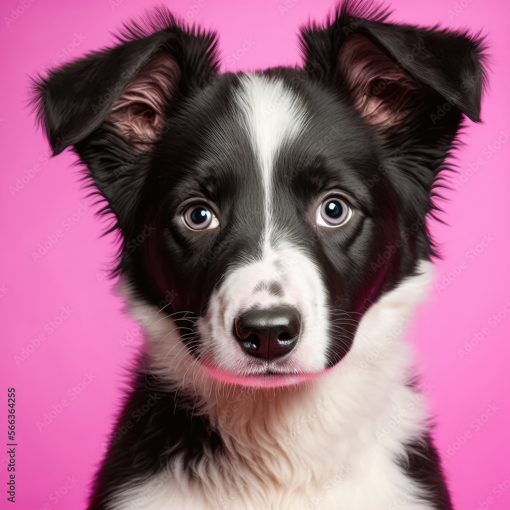 Border Collie Puppy Poses for Portrait on Bright Pink Valentines Background - Generative AI Border Collie Puppy Poses for Portrait on Bright Pink Valentines Background - Generative AI