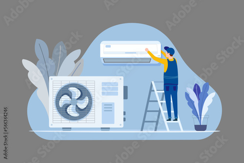 Professional worker of ventilation repair service in blue uniform stand on ladder fix or install air-conditioner on wall in office, house, appertment. Vector illustration. Vector illustration