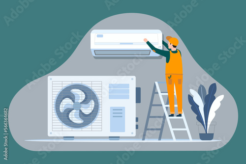 Professional worker of ventilation repair service in blue uniform stand on ladder fix or install air-conditioner on wall in office, house, appertment. Vector illustration. Vector illustration