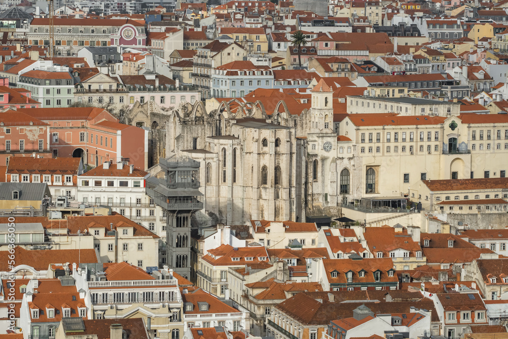 Lisbon cityscape with ruined by Earthquake Carmo Convent church in Lisbon