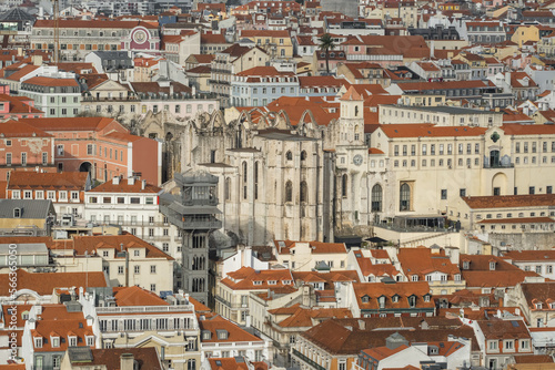 Lisbon cityscape with ruined by Earthquake Carmo Convent church in Lisbon