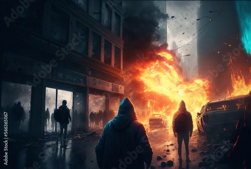 a fire burns in a big city surrounded by hooded males, men as aggressors or looters or violent rioters, fictional persons and plac
