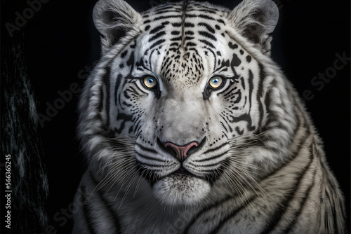 white tiger portrait, dark background, Illustration generativ ai  © Luc.Pro