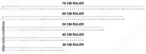 Vector ruler scale with numbers set. Horizontal measuring chart with 70, 60, 50, 40, 30 centimeters markup. Distance, height or length measurement math or sewing tool. Practical and print-ready.
