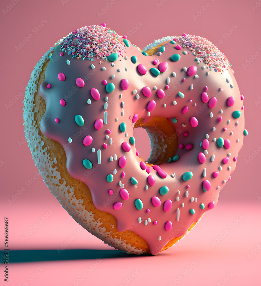 Donut Heart with pink background, Valentine Love Food, Illustration generativ ai Donut Heart with pink background, Valentine Love Food, Illustration generativ ai